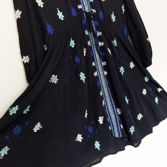 FREE PEOPLE Star Gazer Embroidered Boho Mini Dress Coverup Black XS Tunic $128 - Picture 13 of 16